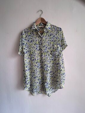 Elodie Abstract Print Button Down Blouse – Lightweight Sheer Summer Top L